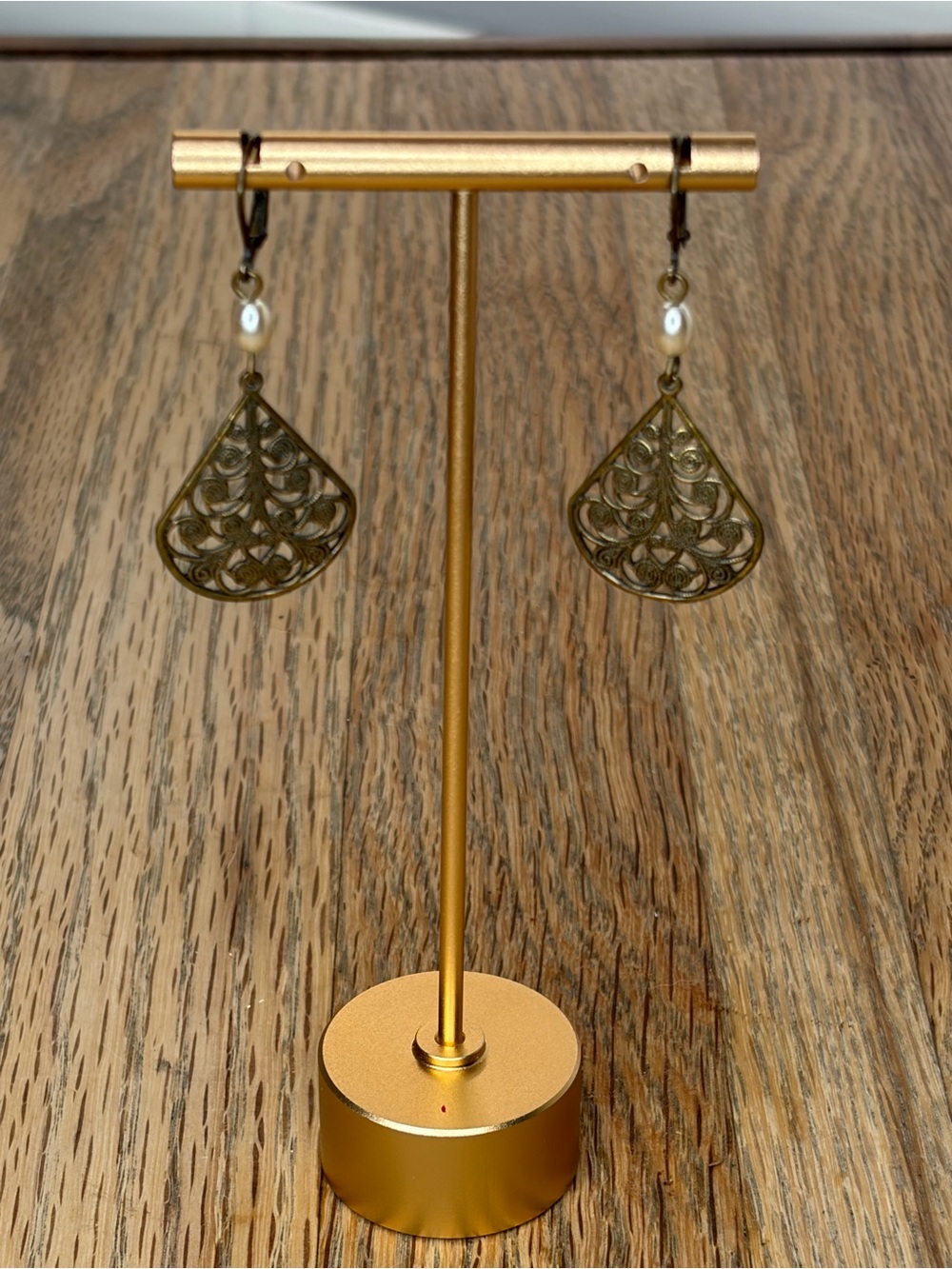 Delicate Gold Filigree Teardrop Earrings with Pearl Bead